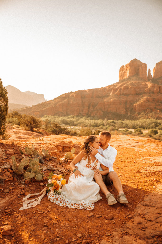 bride and groom kissing after elopement in arizona