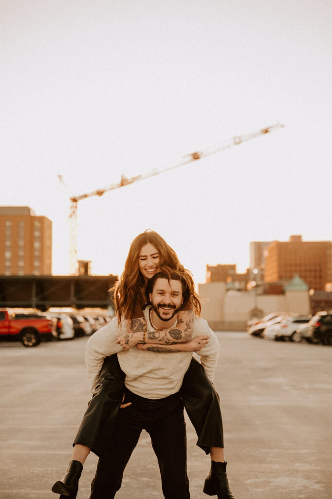 Rooftop engagement photos by photographer in Indianapolis IN - Sweet Caroline Photography